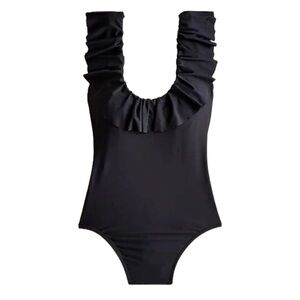J. Crew Factory NWT Black Ruffle Neckline Scooped Back One-Piece Swimsuit